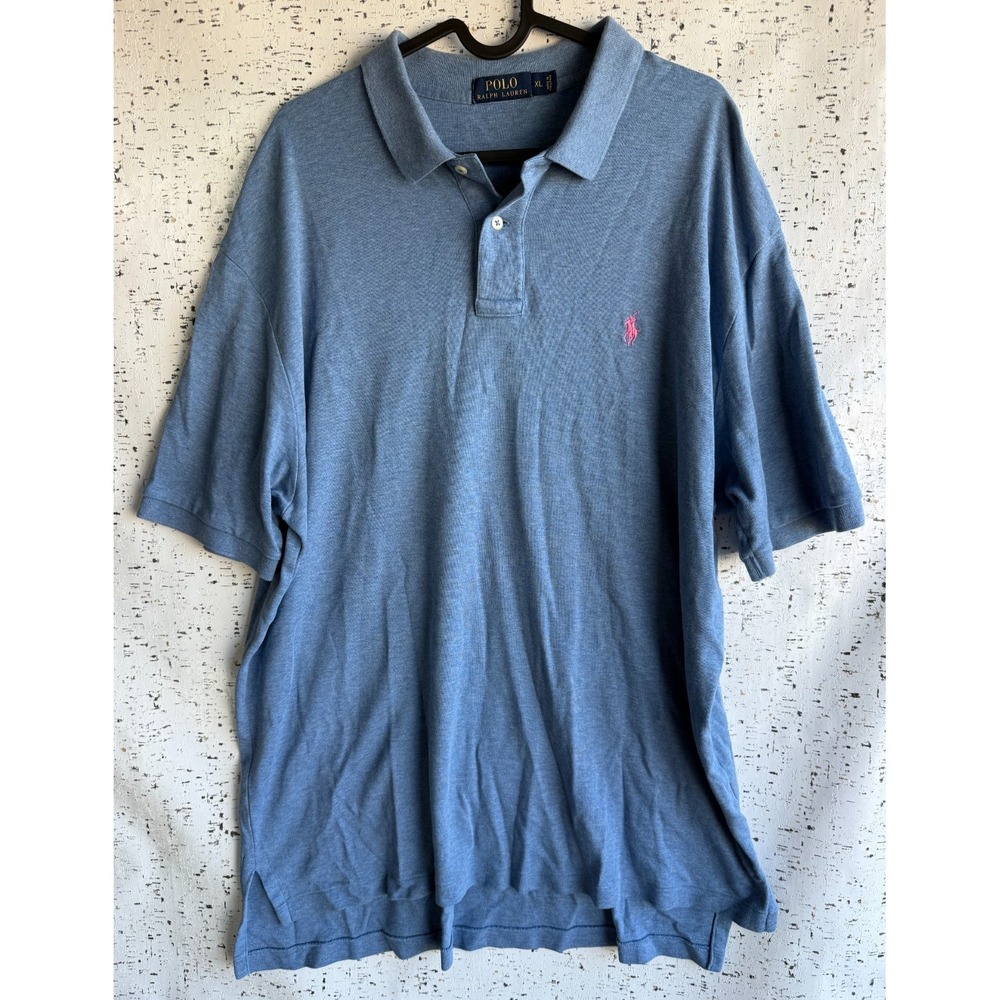 Mens Sz Large Polo Ralph Lauren Light Blue Polo Shirt Short Sleeve Pink Pony
